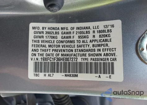 2017 Honda Civic Ex z USA, uszkodzony, nr VIN 19XFC1F36HE007272